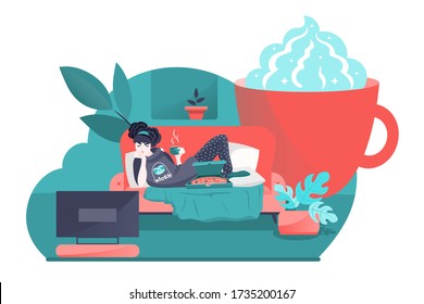 Lazy girl resting on couch at home. Apathy and indifference. Flat cartoon vector illustration.