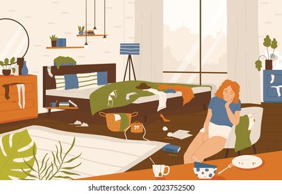 Lazy girl sitting in a messy bedroom in modern style with trash and clothing scattered on floor. Apathetic  or sad person. Mental health disorders and depression concept. Flat cartoon vector 