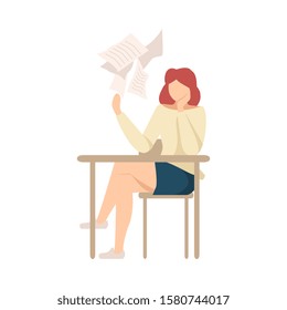 Lazy Girl Sitting At School Desk not Wanting to Write Essay Vector Illustration