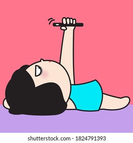 Lazy Girl Texting A Message With Her Cell Phone While Lying On Floor Concept Card Character illustration