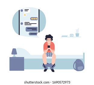 Lazy guy after study, work is texting in the messenger by phone online. Man sit on a sofa with his pants down and hold mobile. Flat vector cartoon modern illustration.