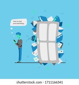 Lazy Guy Holds A Phone In His Hands, Next To Him A Door That Is Bursting With Unfinished Urgent Business And Tasks. Vector Illustration In Flat Cartoon Style