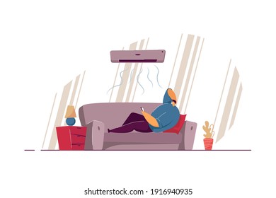 Lazy guy lying on sofa under air conditioner isolated flat vector illustration. Cartoon man relaxing on couch in cold living room. Comfort control at home and leisure concept
