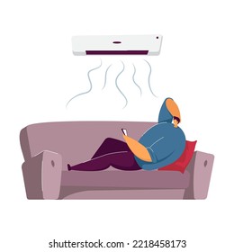 Lazy Guy Lying On Sofa Under Air Conditioner Isolated Flat Vector Illustration. Cartoon Man Relaxing On Couch In Cold Living Room. Comfort Control At Home And Leisure Concept