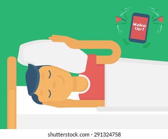 Lazy guy sleeping when the alarm rings. Flat illustration