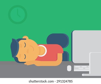 Lazy guy sleeping at workplace. Flat illustration