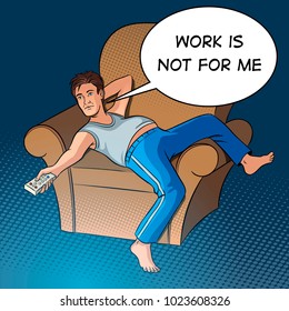 Lazy guy watching TV pop art style vector illustration. Human illustration. Text bubble. Comic book style imitation. Vintage retro style.