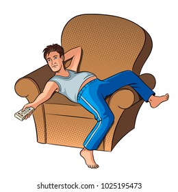 Lazy guy watching TV pop art style vector illustration. Human illustration. Isolated image on white background. Comic book style imitation. Vintage retro style.