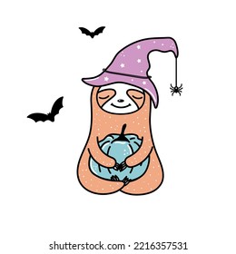 Lazy Halloween illustration. Funny cartoon sloth in magic hat  with pumpkin doodle, flying bats around