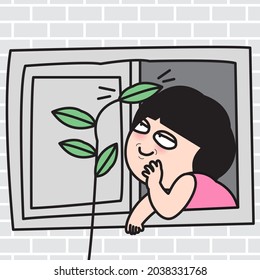 Lazy Happy Girl is Sitting By The Window And Taking Care House Plants With Joy And Love. Home Healthy Activity Concept Card Character illustration