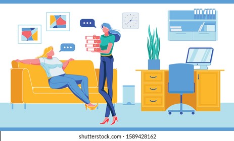 Lazy and Hardworking Company Employees Talking. Two Women, Office Clerks Cartoon Characters with Different Attitude to Work. Business Career and Efforts to Succeed. FLat Vector iLlustration.