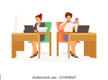 Lazy and hardworking girls in the office. Vector illustration