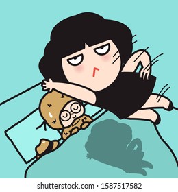 Lazy Husband In Sloth Clothes Happily Sleeping In Bed While His Grumpy Wife Jumping Onto Bed To Wake Him Up In The Morning Concept Card Character illustration