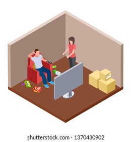 Lazy husband watching TV with beer and garbage, wife swears - family isometric vector concept