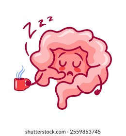 Lazy intestines. Cute character in kawaii style. Intestinal atony. A healthy organ of the digestive system. Ideal for stickers, books, design elements and medical brochures.