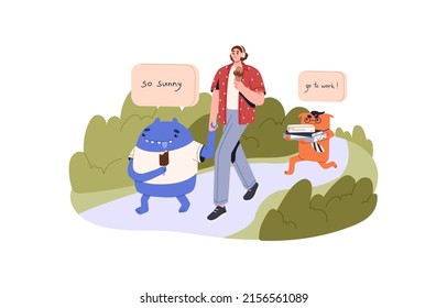 Lazy irresponsible employee choosing walk in park instead of work. Procrastination, laziness concept. Person procrastinating, relaxing. Flat vector illustration isolated on white background