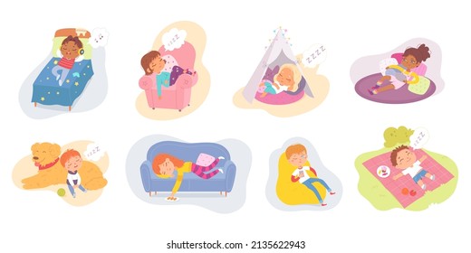 Lazy kids sleep and relax set vector illustration. Cartoon cute girl and boy lying on bed, sofa or tent at home or on blanket at outdoor picnic, tired children with mobile phone isolated on white