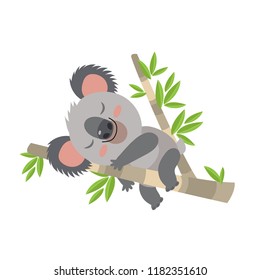 Lazy Koala Sleeping On A Branch Cartoon Vector Illustration. Animal Of Australia. Vector Illustration Of A Sleeping Koala. Baby Bear Koala, On A White Background.