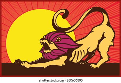 Lazy lion waking up, yawning and stretching before the rising sun