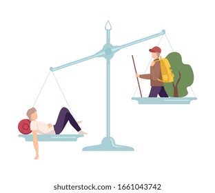 Lazy Lying Man is on One Side of Scale, Hiking Male Traveler on the Other, Scales with Bad and Good Habits, Choosing Between Healthy and Unhealthy Lifestyle Flat Vector Illustration