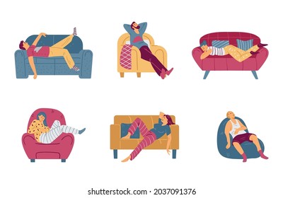 Lazy male and female persons lying and sitting on sofa and armchair at home. A set of sad, depressed or relax characters. Flat cartoon vector illustrations isolated on white.