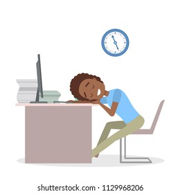 Lazy male worker sleeping in the office. Tired businessman fell asleep at the work time. Isolated flat vector illustration