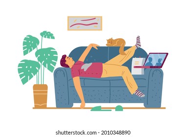 Lazy man cartoon character lying on couch and watching movie at laptop, flat vector illustration isolated on white background. Lazy and calm recreation.