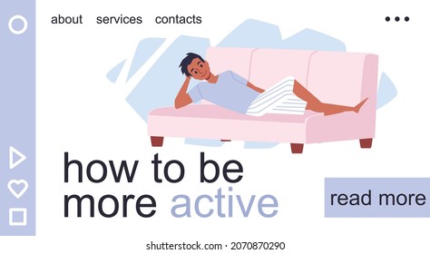 Lazy man character rest on couch at home on weekend. Ethnic person of color lay on sofa bed having his relax time. Cartoon vector illustration for app design about being more active.