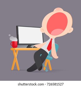Lazy man disinterested in boring routine, Bored yawn businessman sitting half asleep at workplace, Cartoon, Vector illustration