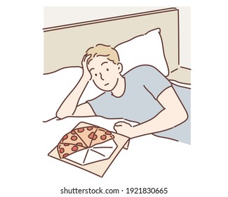 un hombre perezoso comiendo pizza mientras se sienta en la cama en casa. Ilustraciones de diseño vectorial de estilo dibujado a mano.