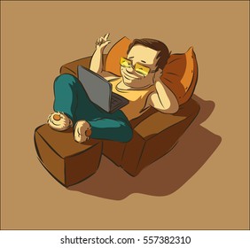 lazy man with a laptop clicks on the button