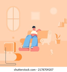 A lazy man laying on the couch. a fat man watching tv in the living room. Vector flat illustration
