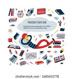 Lazy man lies among a pile of work documents and important tasks, dreams and rests instead of working. Resting office worker, student. Vector Illustration in flat cartoon style
