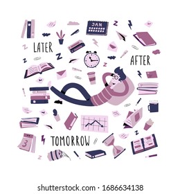 Lazy man lies among a pile of work documents and important tasks, dreams and rests instead of working. Resting office worker, student. Vector Illustration in flat cartoon style