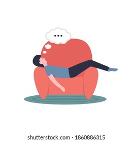 Lazy man lies on an armchair. Flat modern cartoon vector illustration.