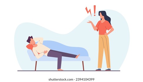 Lazy man lies on couch and woman is not happy about it. Family scandal, crisis and misunderstanding, difficulties in relationships. Angry unhappy wife. Cartoon isolated vector concept