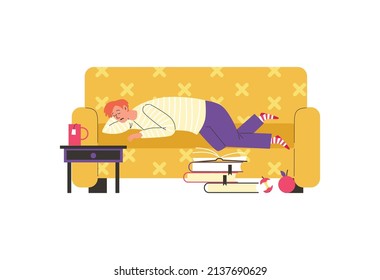 Lazy man lies and sleeps on sofa at home in a mess, flat cartoon vector illustration isolated on white background. Sedentary inactive lifestyle and lazy weekend.