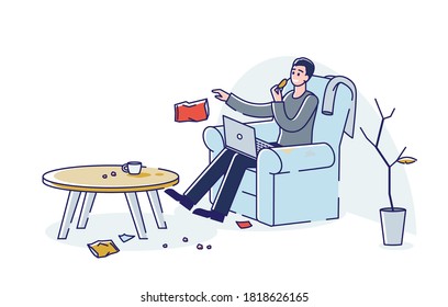 Lazy man littering at home throwing waste on floor while eating junk food and using laptop. Young guy sitting in armchair in dirty messy room. Cartoon linear vector illustration