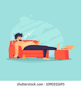 Lazy man lying on the couch watching TV drinking beer. Flat design vector illustration.