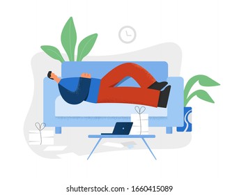 Lazy man lying on couch in front of laptop and heap of documents vector flat illustration. Male character relaxing at home procrastinate concept isolated on white background big limbs style