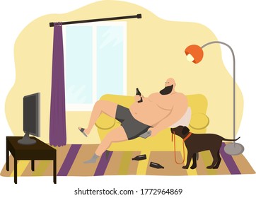 Lazy man lying on the couch, watching TV and drinking beer flat vector. A dog with a leash wants to walk.