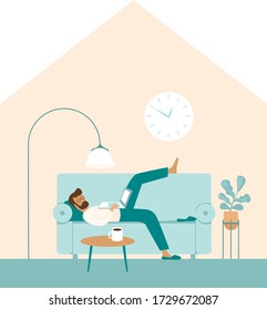 Lazy Mann liegt mit Smartphone auf einem Sofa. Chatten in sozialen Medien, Aufschieben. Konzept eines flachen Vektors für die Isolierung von Coronavirus COVID-19-Quarantäne