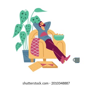 Lazy man napping in chair after fast food meal. Slothful man relaxing at home among food leftovers, flat vector illustration isolated on white background.