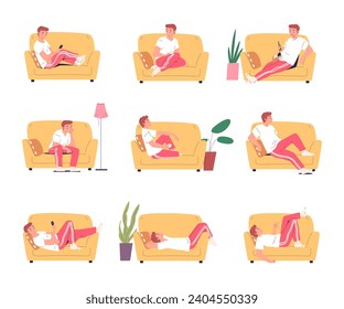 Hombre perezoso en el sofá. Sedentary persona siesta sofá de confort, tumbado o sentado hipster personaje de la casa relajación, cansados pereza procrastinación elegante ilustración vectorial del sofá hogar perezoso