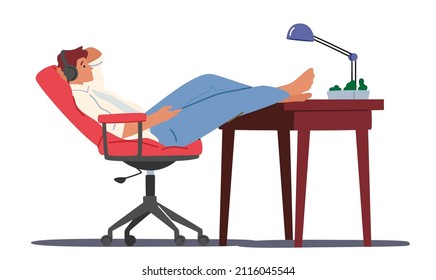 Lazy Man Relaxing with Headphones at Workplace Desk During Working Hours With Legs Lying on Table. Male Character Procrastinating and Wasting Time Concept. Cartoon People Vector Illustration