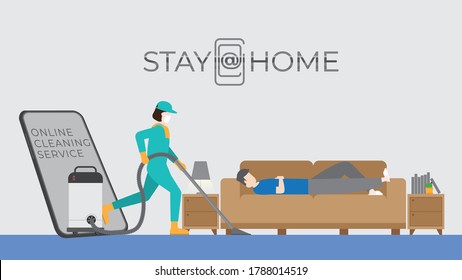 Lazy man sleep on sofa while using online cleaning service. Call for professional service from smartphone application. Vector illustration of online cleaning business concept.