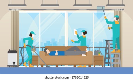 Lazy man sleep on sofa while cleaning crew team are cleaning living room. Clean and check inspector professional service for house. Vector illustration of cleaning business concept.