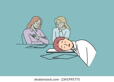 Lazy man sleeps on business meeting due to lack of ambition and motivation to work productively. Lazy guy and colleagues are sitting at table with documents in conference room waiting for boss to come