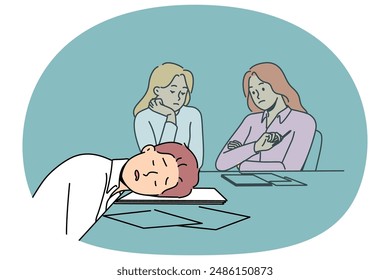 Lazy man sleeps on business meeting due to lack of ambition and motivation to work productively. Lazy guy and colleagues are sitting at table with documents in conference room waiting for boss to come