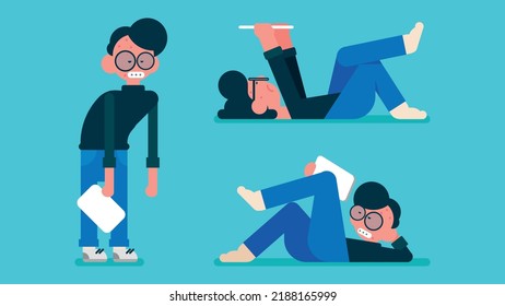 Lazy Man wear black shirt and Jeans Pant, laid off the floor and watching movies on his Tablet, nerd with glasses  take a rest and relaxing, Flat avatar vector illustration.